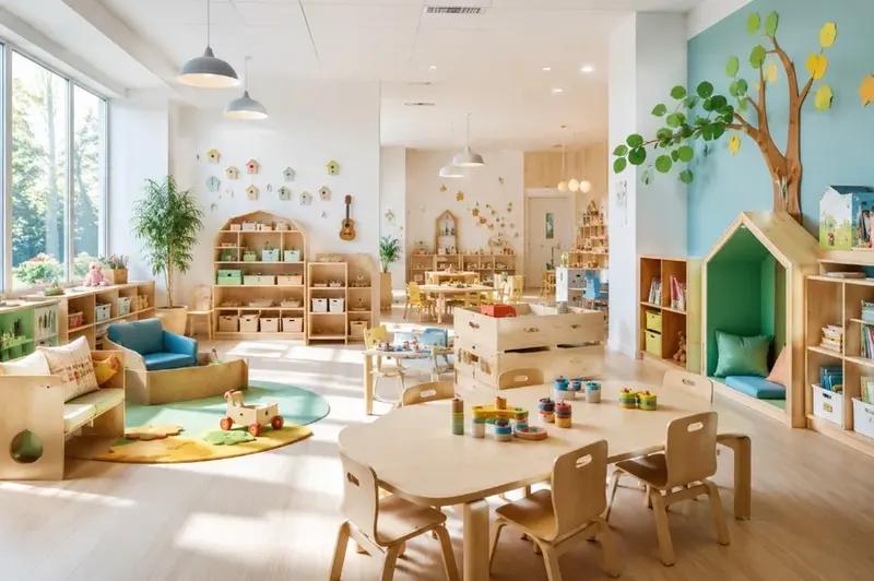 Salle d'éveil lumineuse d'une micro-crèche avec mobilier en bois naturel et jouets colorés pour enfants